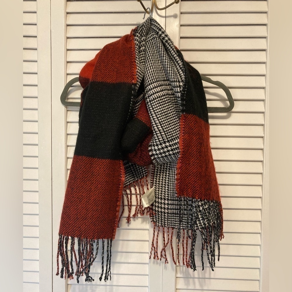 Simply Noelle Red And Black Flannel Reversible Fringe Blanket Scarf